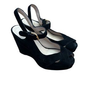 Stuart Weitzman Turnover Suede Wedge Sandals Size 6.5 Black Heels